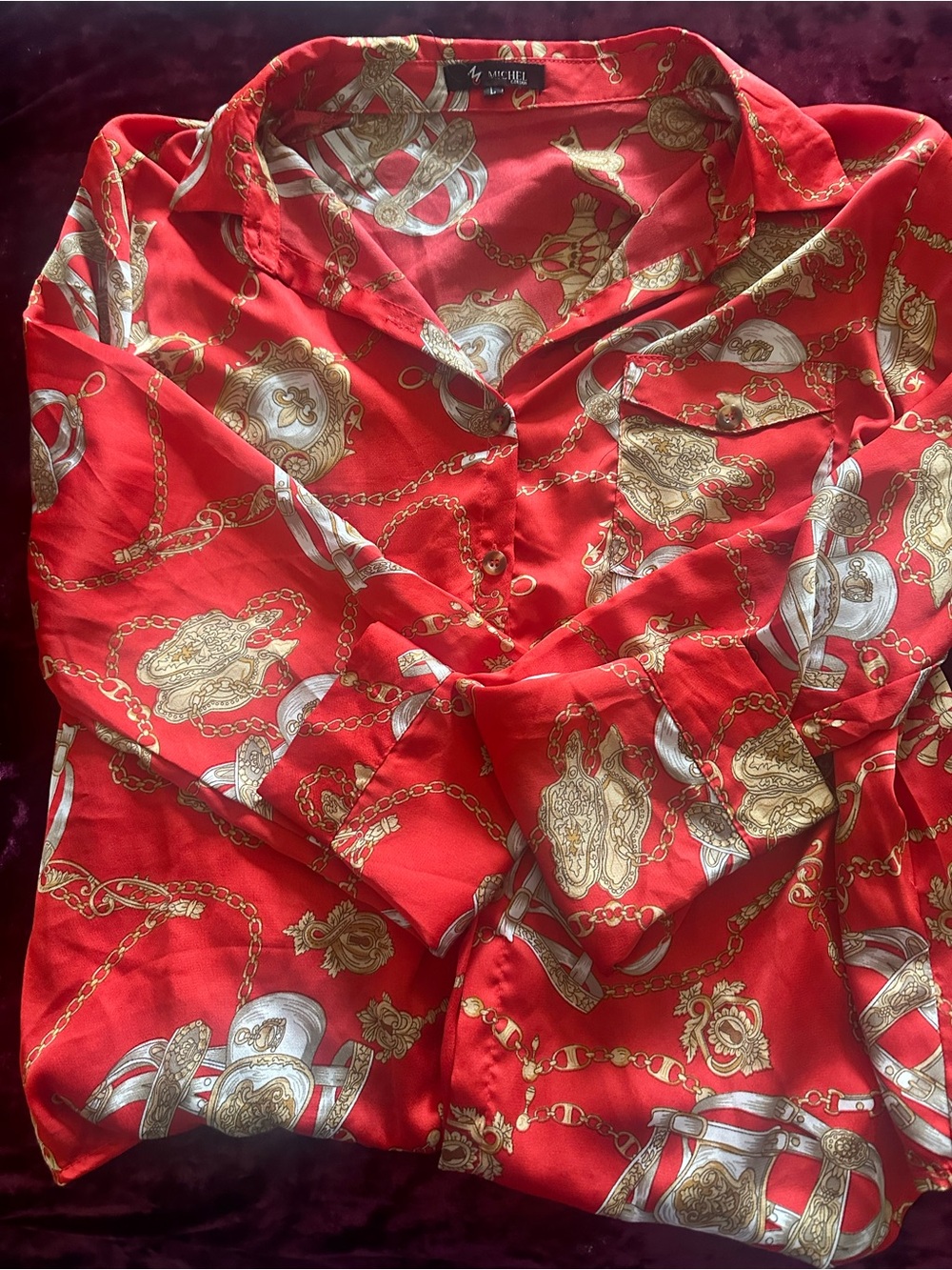 Michele Red Button-Up Blouse with Gold and White Chain Motif - Picture 6 of 7